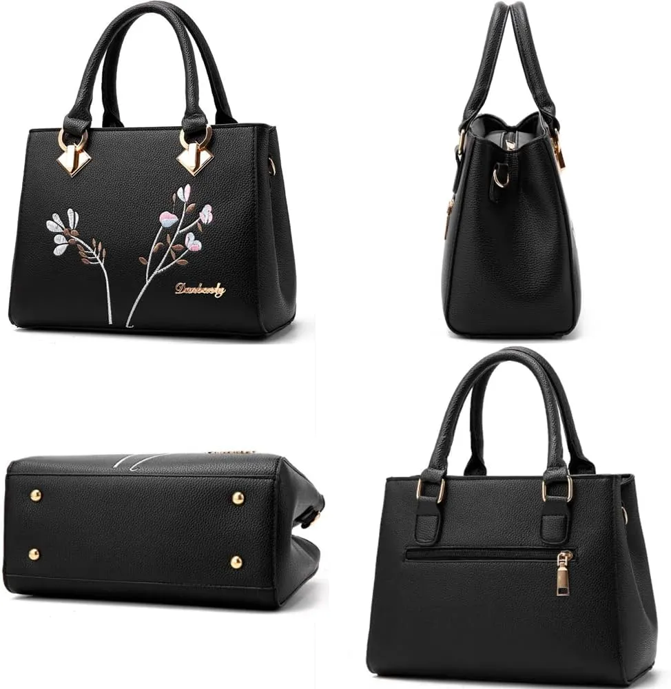 Dayfine Women Top Handle Purse Satchel Bag Faux Leather Handbag Embroidery Floral Bag Shoulder Bag Crossbody Bag Medium Tote