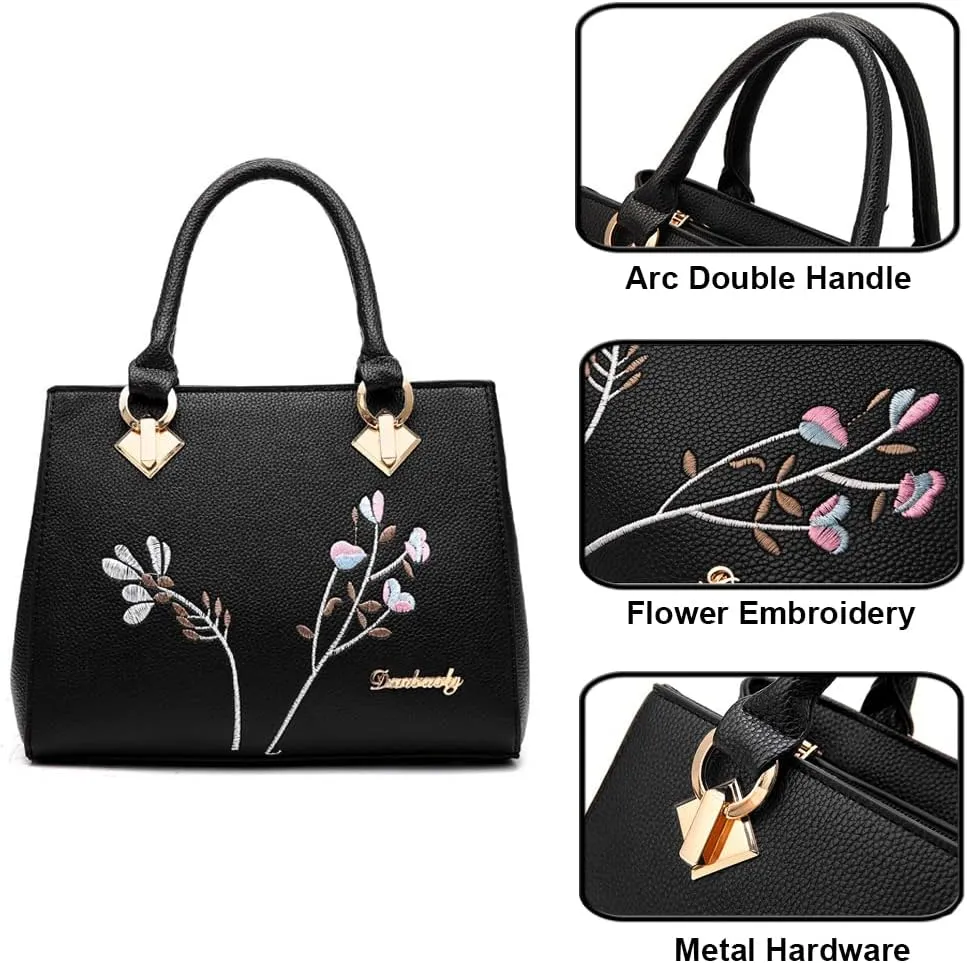 Dayfine Women Top Handle Purse Satchel Bag Faux Leather Handbag Embroidery Floral Bag Shoulder Bag Crossbody Bag Medium Tote