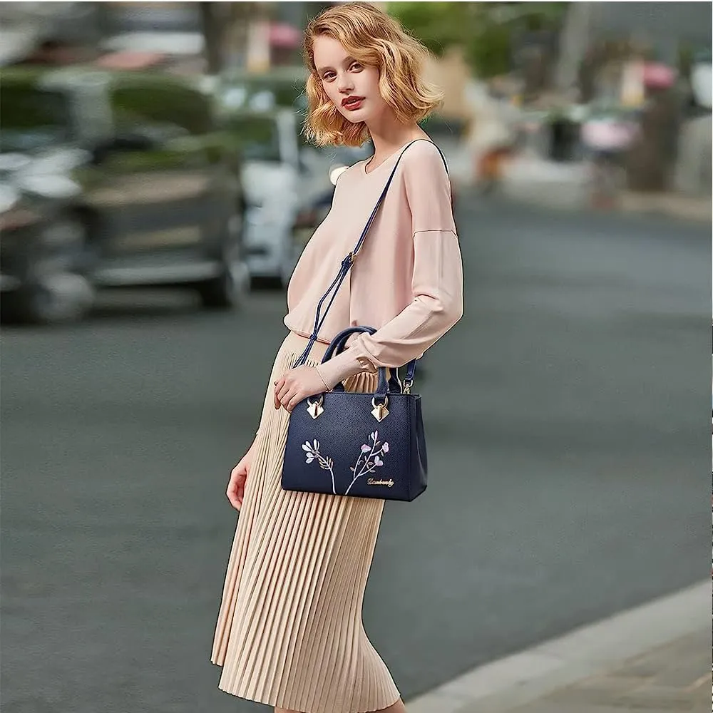 Dayfine Women Top Handle Purse Satchel Bag Faux Leather Handbag Embroidery Floral Bag Shoulder Bag Crossbody Bag Medium Tote