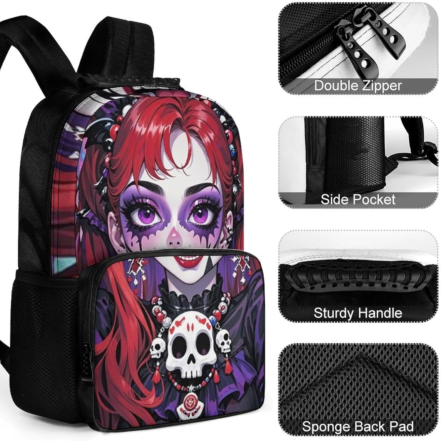 Daypack Anti-Theft Multipurpose Large Capacity Shoulder Bag - Cartoon Woman Women Mystical Skull Art Travel Hiking & Camping Rucksack With Smooth Zippers