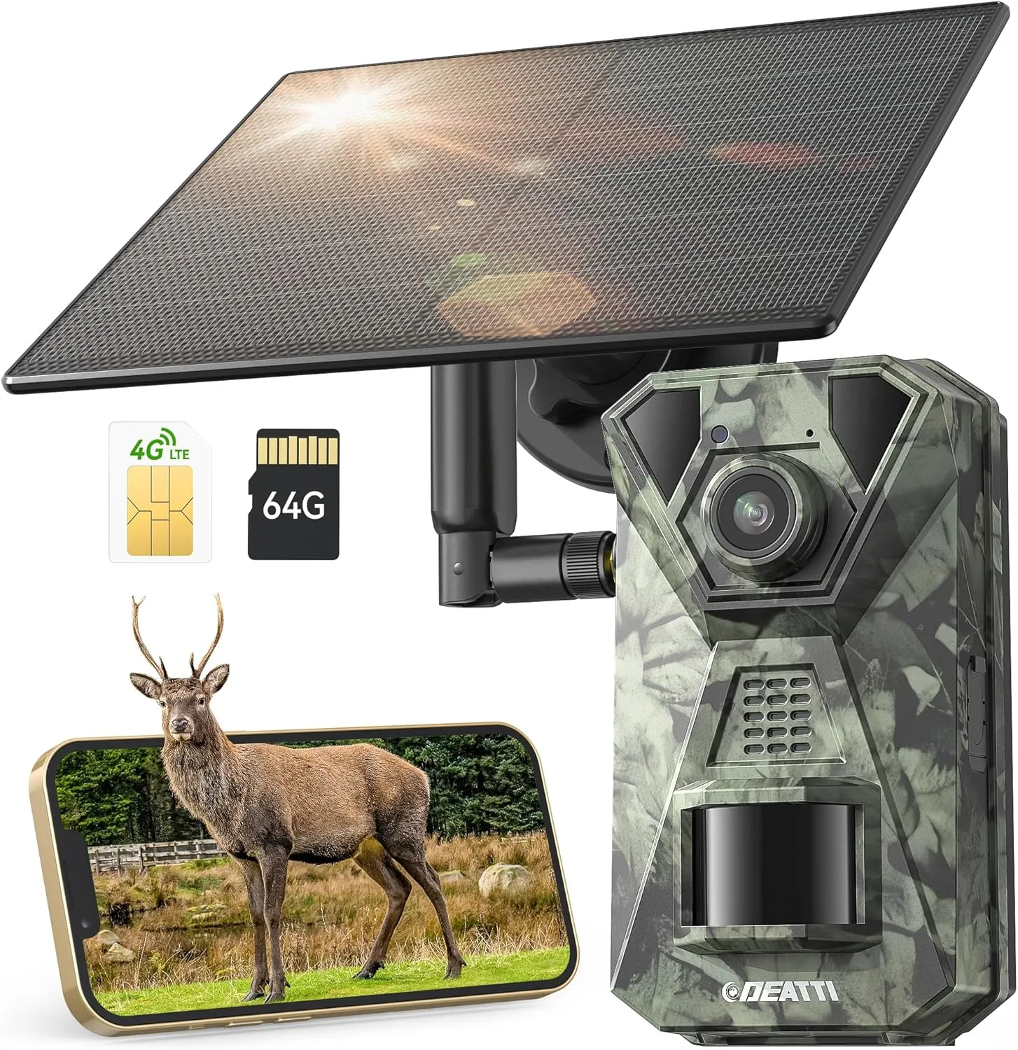 DEATTI 4G LTE Cellular Trail Cameras with 64GB SD Card,2.7K HD Solar Game Cameras with Night Vision Motion Activated Waterproof for Wildlife Deer Monitoring 0.1s Trigger Time(with SIM Card)