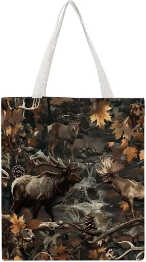 Deer Hunting Camouflage Bear Canvas Tote Bag Casual Handbags Grocery Shopping Purses Work Bag for Women