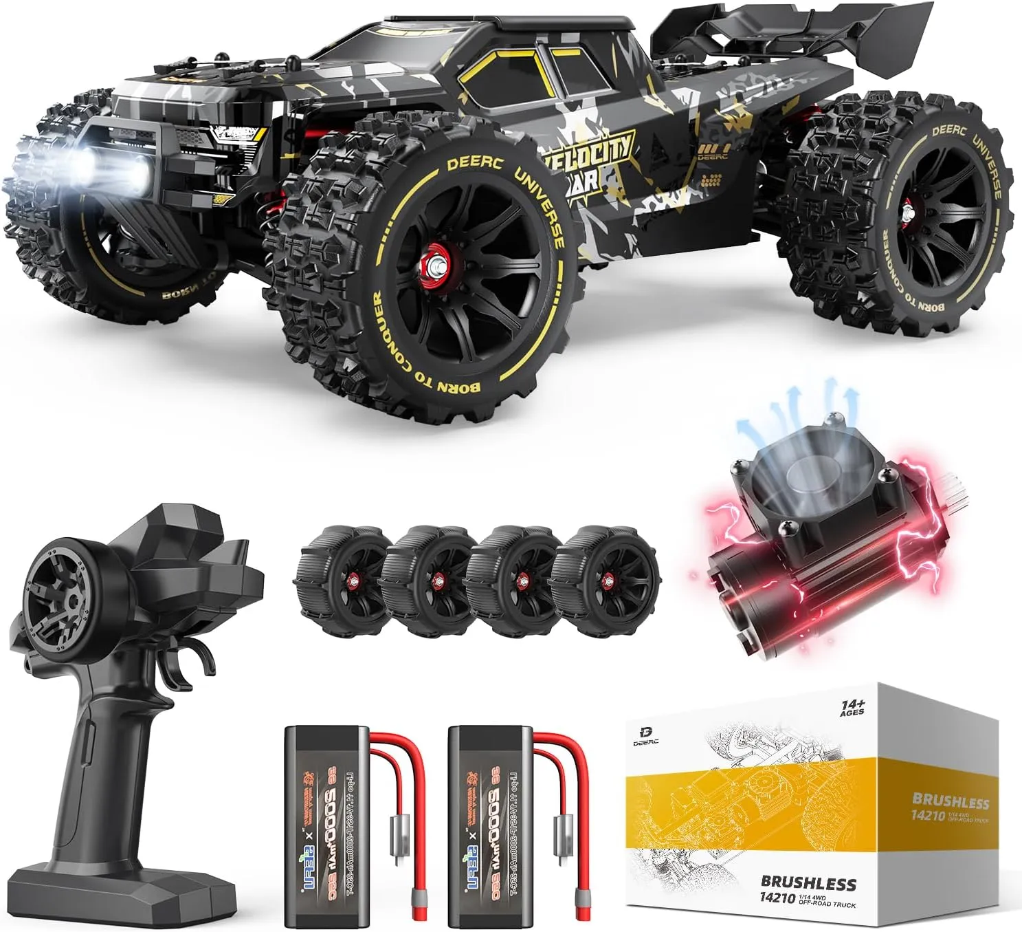 DEERC 1:14 Fast Brushless RC Cars for Adults & Boys, Max 50  MPH, 2 3S Lipo Batteries 4x4 Waterproof RC Truck, High Speed Offroad Remote Control Car, All Terrain RC Truggy for Snow,Sand & Mud