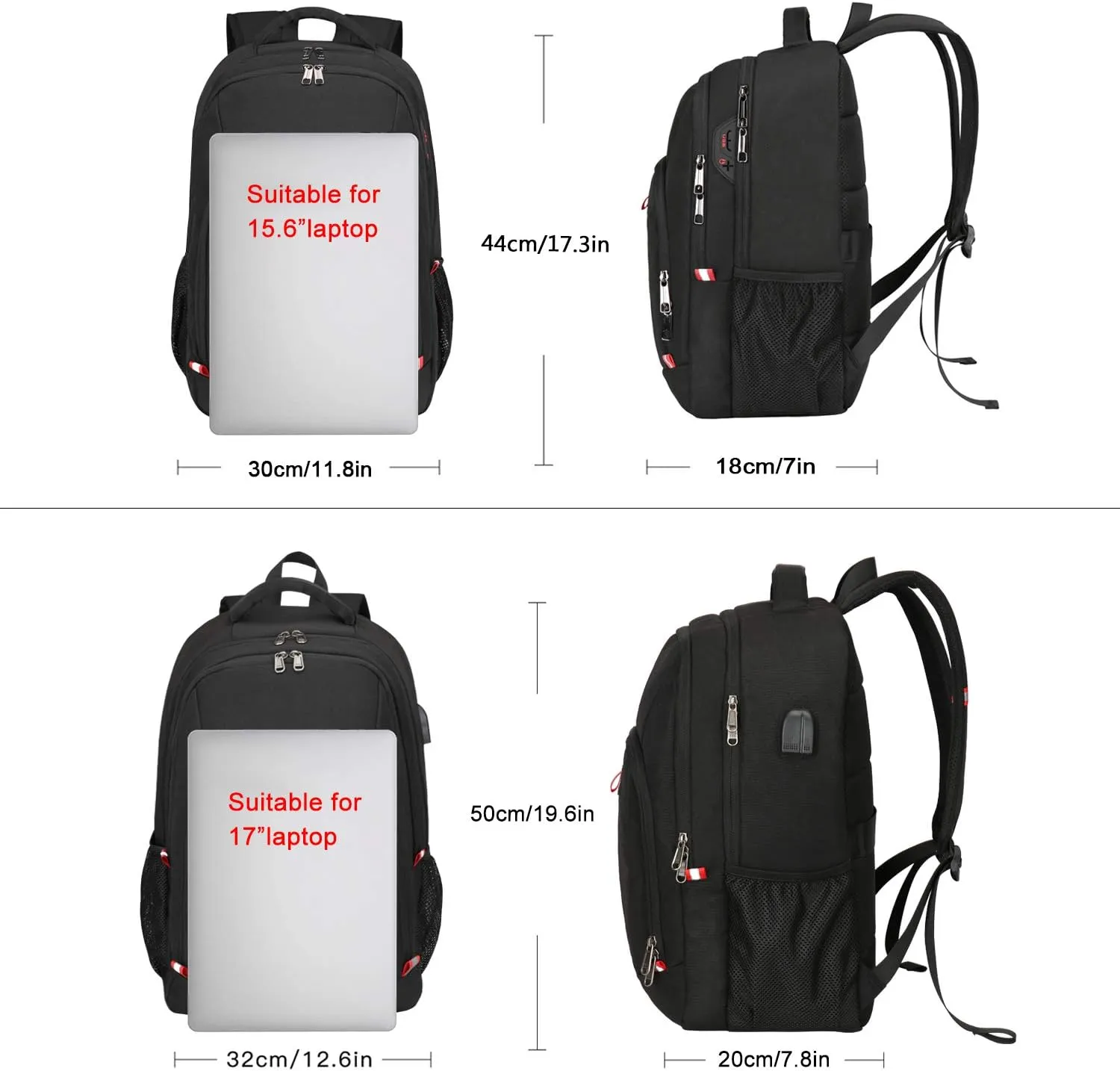 Della Gao Travel Laptop Backpack, Black Backpack for Men and Women with USB Charging Port Business Computer Back Pack (Black, 15.6 Inch)