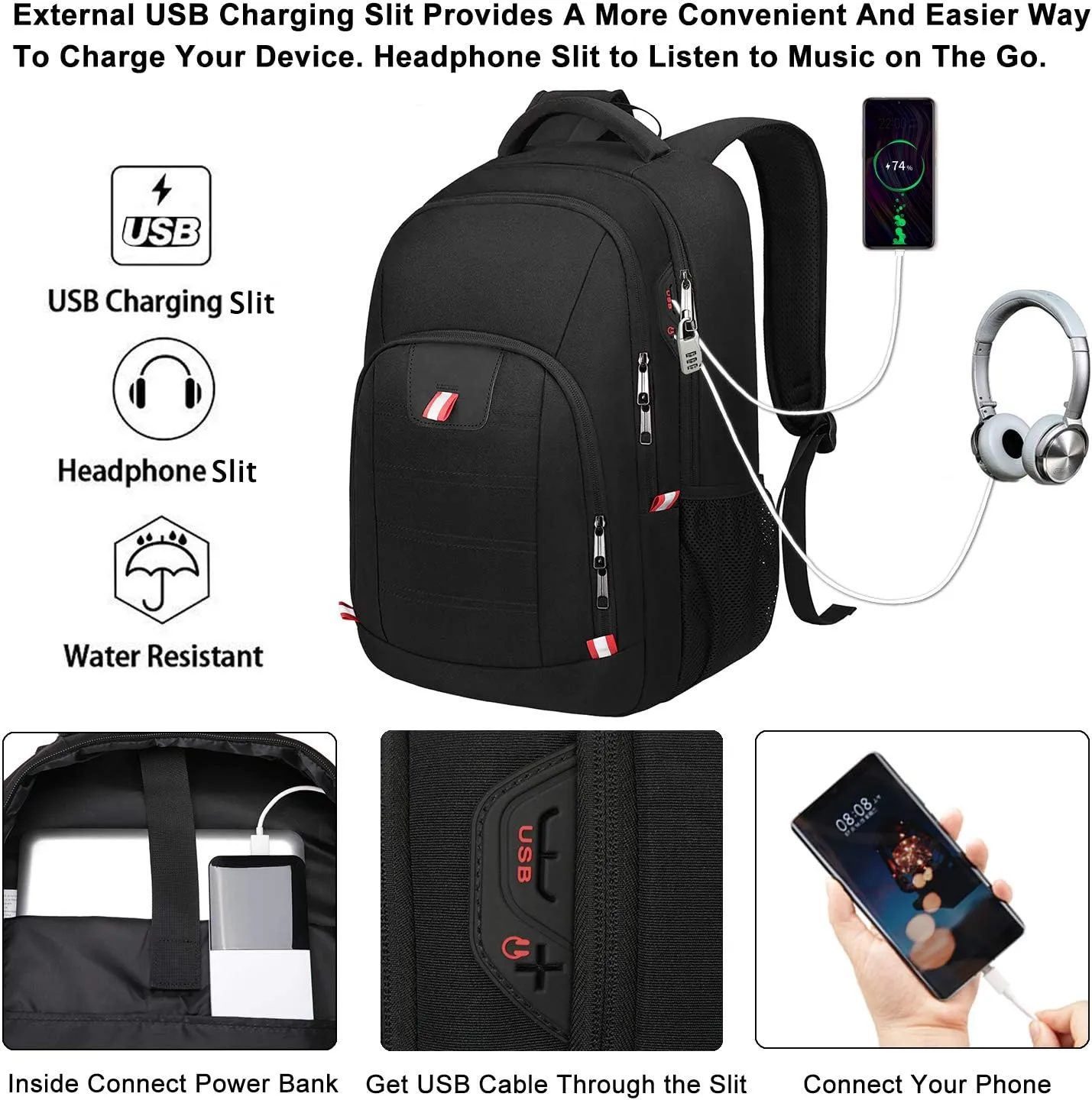 Della Gao Travel Laptop Backpack, Black Backpack for Men and Women with USB Charging Port Business Computer Back Pack (Black, 15.6 Inch)