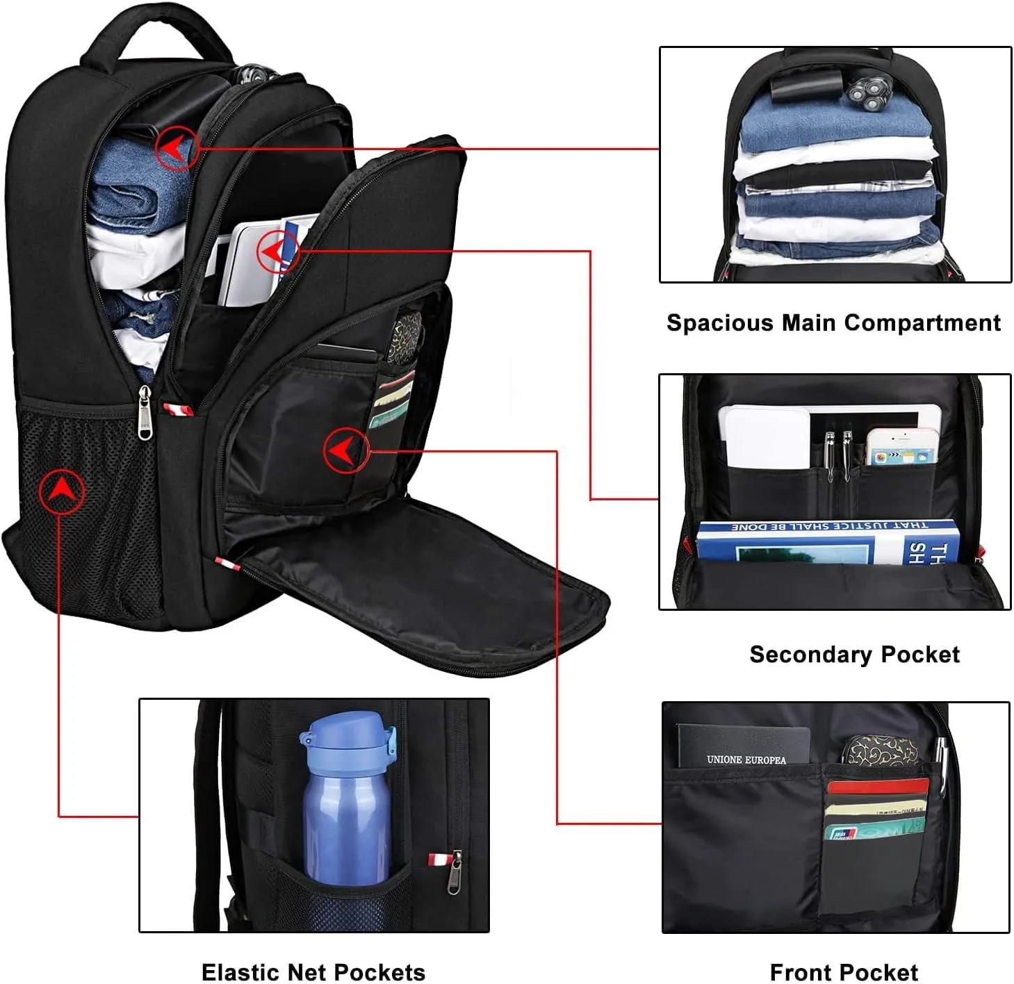 Della Gao Travel Laptop Backpack, Black Backpack for Men and Women with USB Charging Port Business Computer Back Pack (Black, 15.6 Inch)