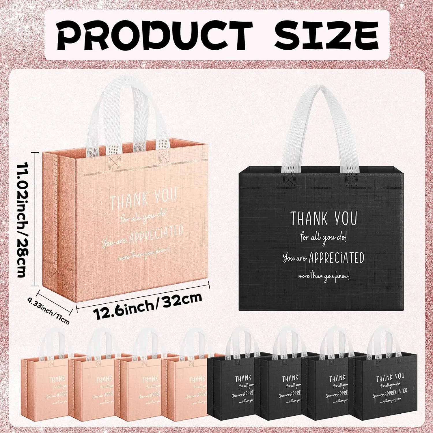 Demonwer 24 Pcs Employee Appreciation Gift Bags 12.6×11.0×4.7 Inch Reusable Glossy Thank You Gift Bags with Handle for Women Team Staff Coworker Teacher（Black,Rose Gold）