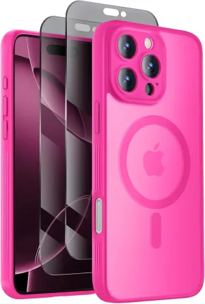 Designed for iPhone 16 Pro Max Case, Compatible with MagSafe, with Privacy Screen Protectors X2, [Camera Protection] [15FT Military Drop Protection] Shockproof Phone Case, 2024, Hot Pink