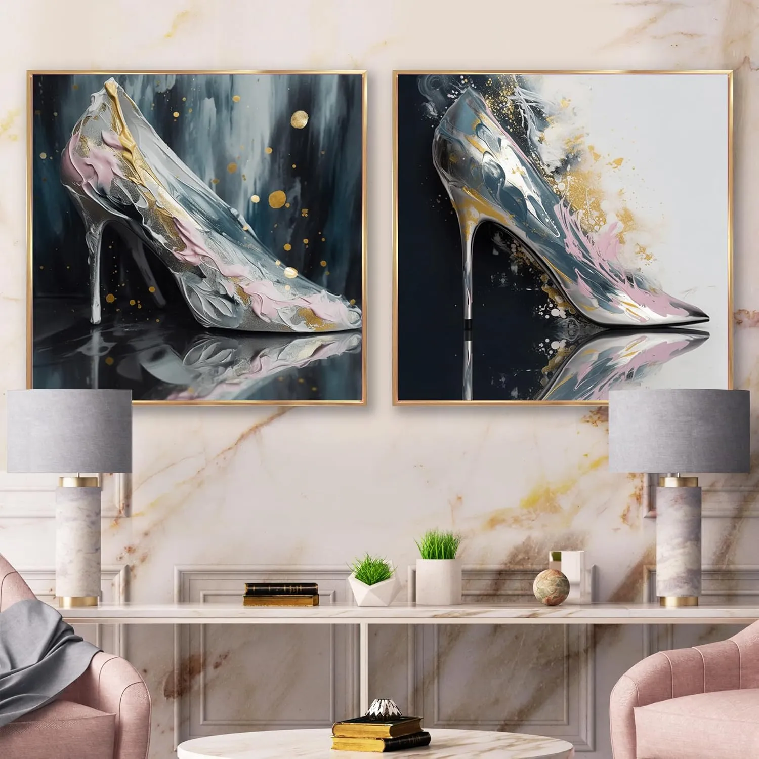 DesignQ Oversized Glam Canvas Framed Wall Decor Set - Large Pink Glorious Wall Art - Luxury Handbags Pink II - 73"x36" - Multipanel Fashion Framed Canvas Set