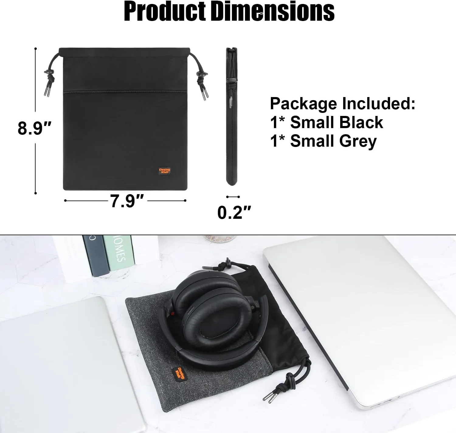 Desing Wish Headphone Storage Bag, 2 Pack Lightweight Headphone Carrying Pouches Headset Case Bag Travel Pouch for Headsets Overhead Headphones Neckband Earbuds (Small Black, Small Grey)