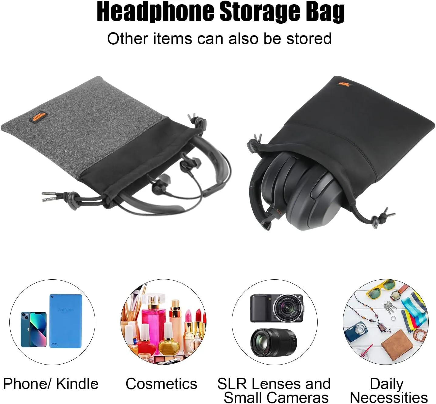 Desing Wish Headphone Storage Bag, 2 Pack Lightweight Headphone Carrying Pouches Headset Case Bag Travel Pouch for Headsets Overhead Headphones Neckband Earbuds (Small Black, Small Grey)