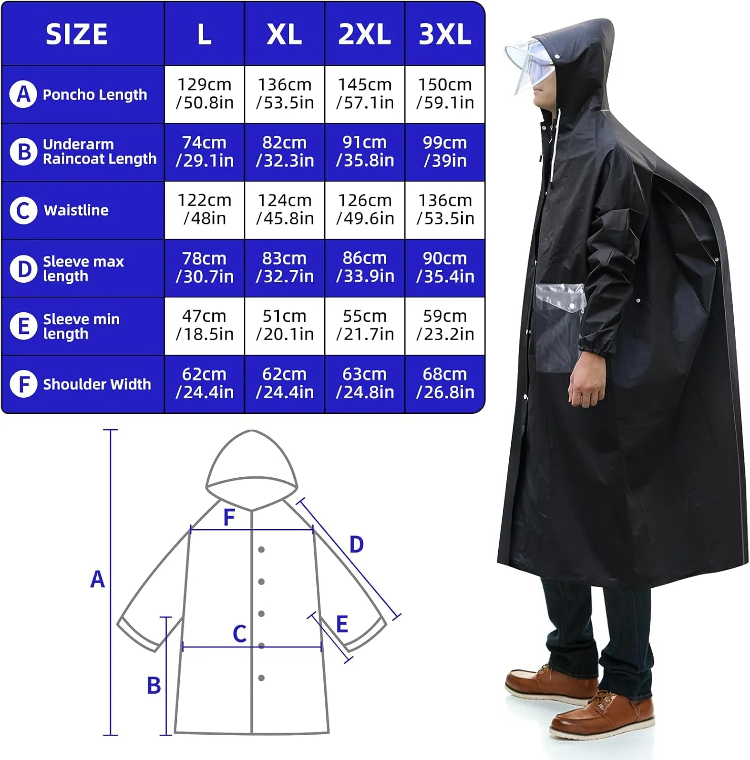 Desoto Rain Poncho Extra Long,Rain Jacket, Lightweight Rain Coat with Adjustable Hood for Men Women, Reusable for Backpacking