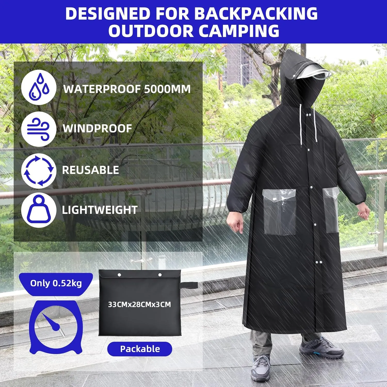 Desoto Rain Poncho Extra Long,Rain Jacket, Lightweight Rain Coat with Adjustable Hood for Men Women, Reusable for Backpacking