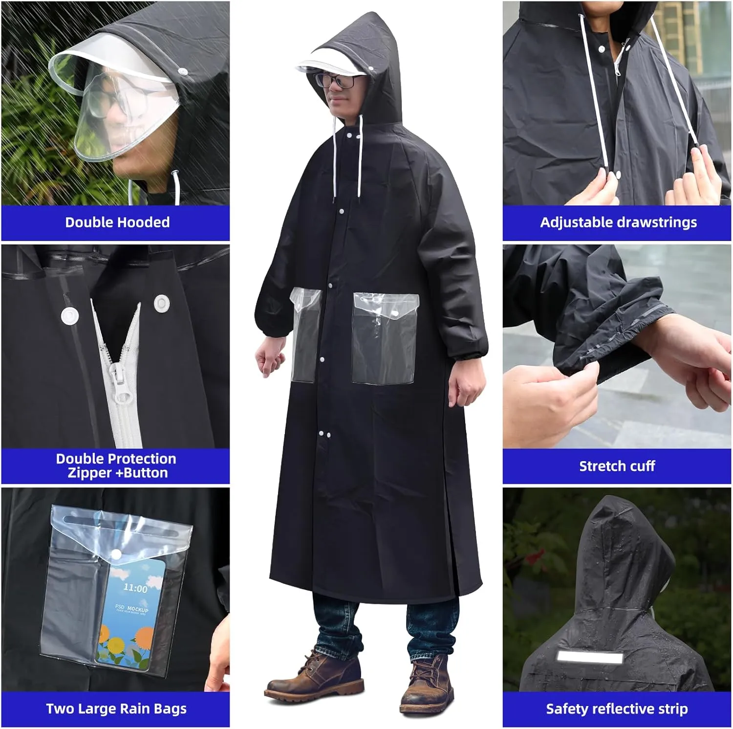 Desoto Rain Poncho Extra Long,Rain Jacket, Lightweight Rain Coat with Adjustable Hood for Men Women, Reusable for Backpacking