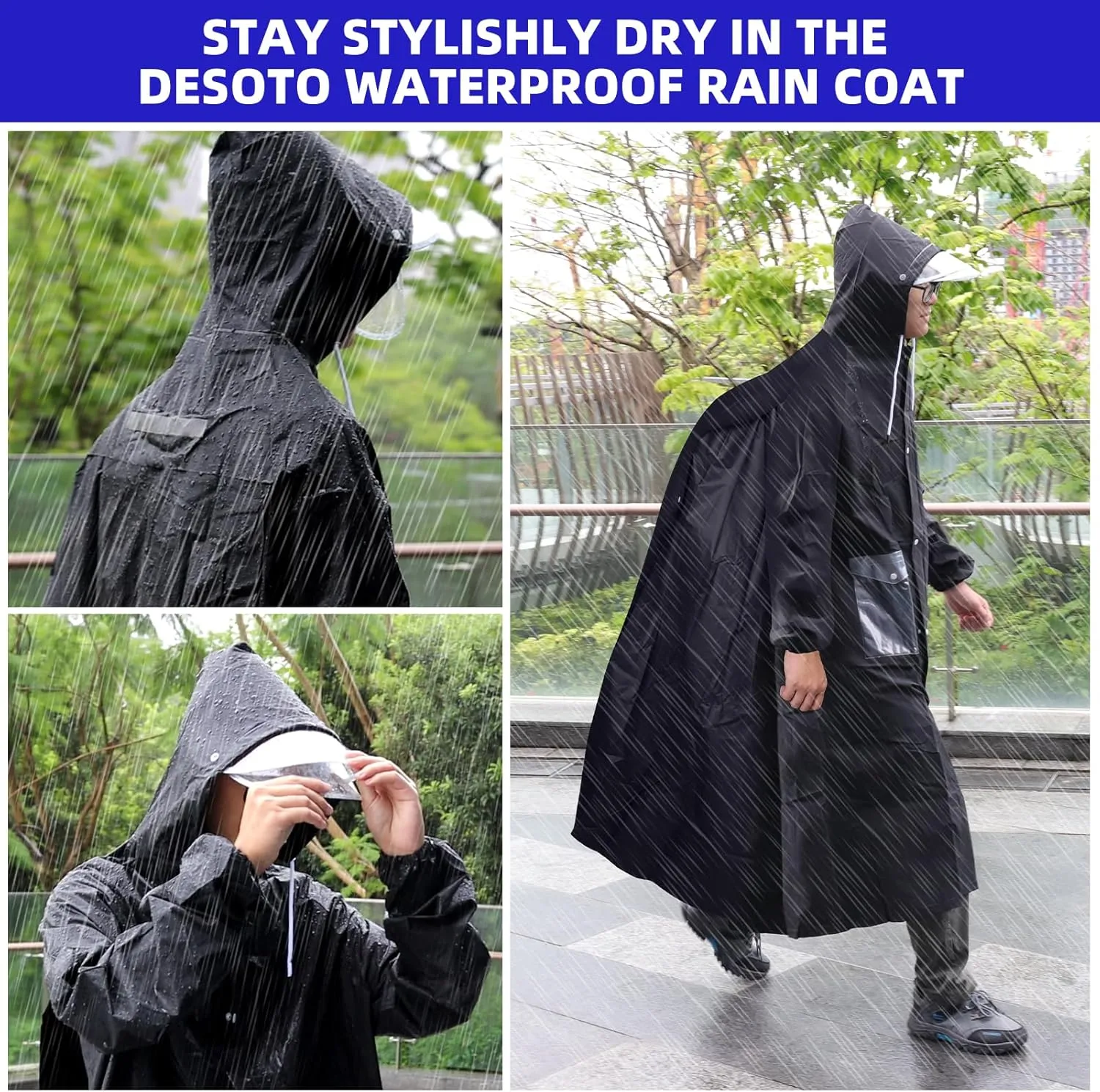 Desoto Rain Poncho Extra Long,Rain Jacket, Lightweight Rain Coat with Adjustable Hood for Men Women, Reusable for Backpacking