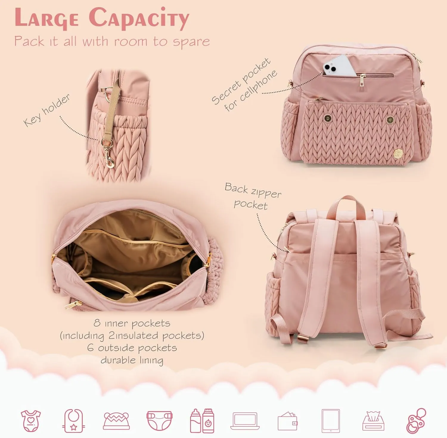 Diaper Bag BackPack Large Capacity Travel Mommy Bag Waterproof and Stylish with Changing Pad Baby Bag for Women and Girls