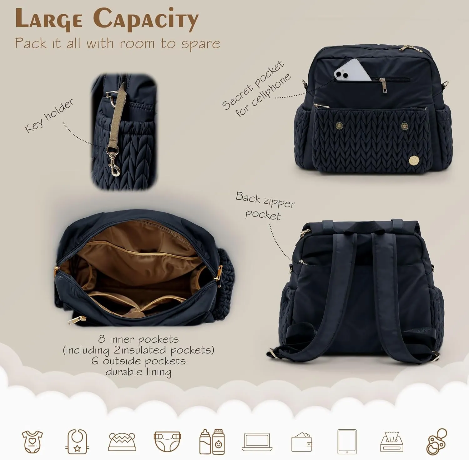 Diaper Bag BackPack Large Capacity Travel Mommy Bag Waterproof and Stylish with Changing Pad Baby Bag for Women and Girls