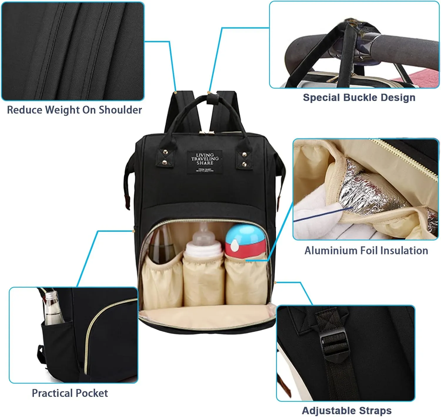 Diaper Bag with Organizing Pouches, Nappy Bags Handbag Multifunction Diaper Bag for Baby Care Travel Backpack Large Capacity Black