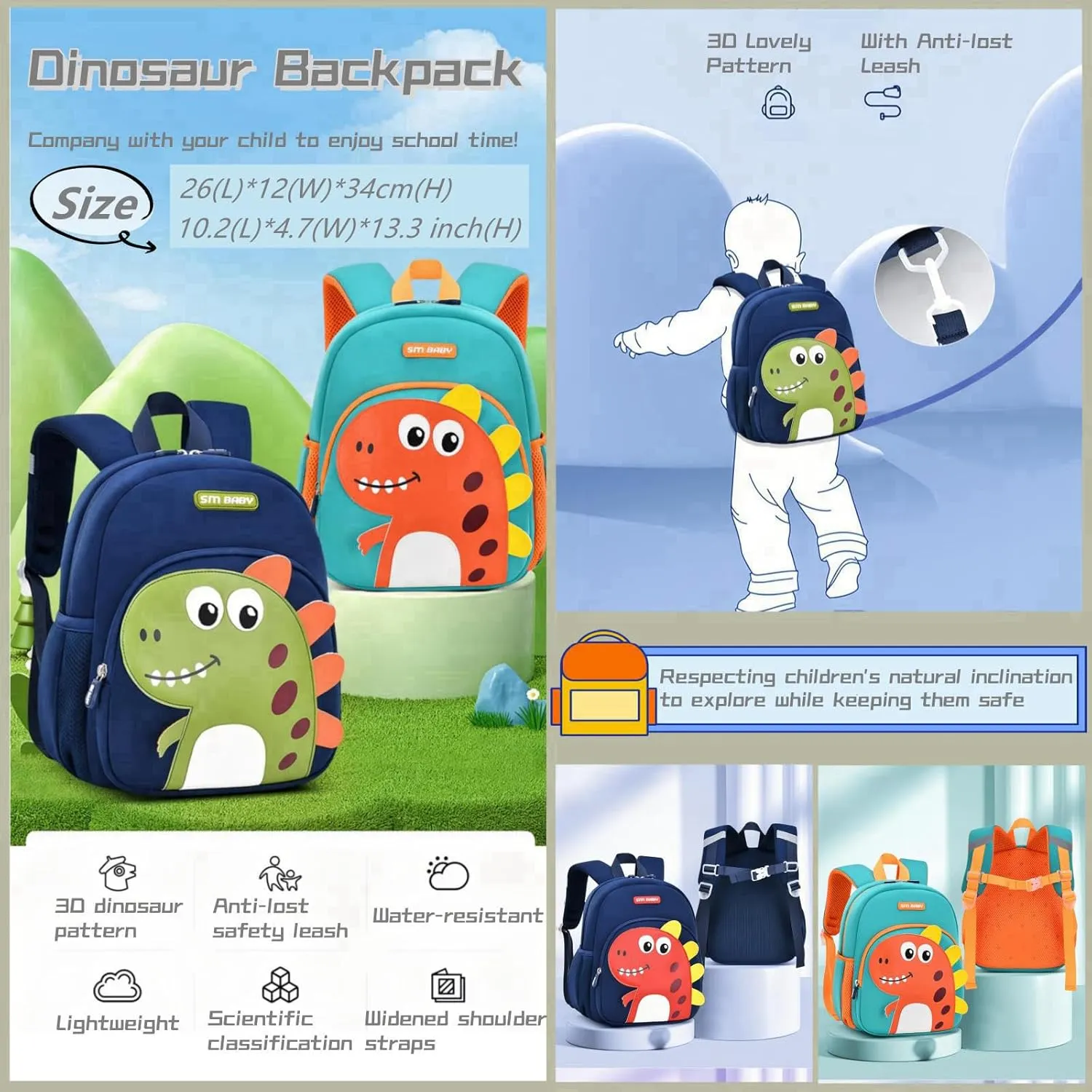 Dinosaur Anti-lost Kids Backpack for Kindergarten Preschool Boys with Safety Leash, Lightweight Boys Small Backpack Daycare Bag, A-Dark-blue Red
