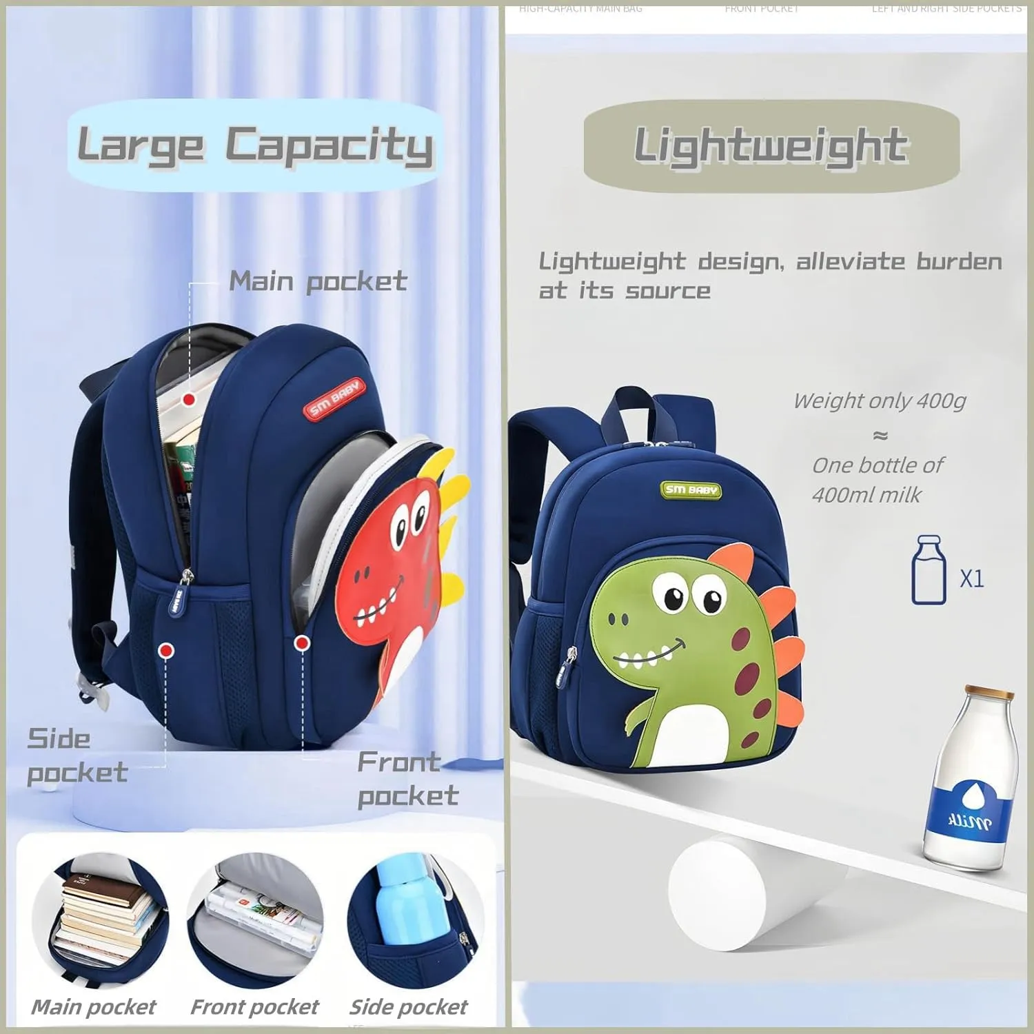 Dinosaur Anti-lost Kids Backpack for Kindergarten Preschool Boys with Safety Leash, Lightweight Boys Small Backpack Daycare Bag, A-Dark-blue Red