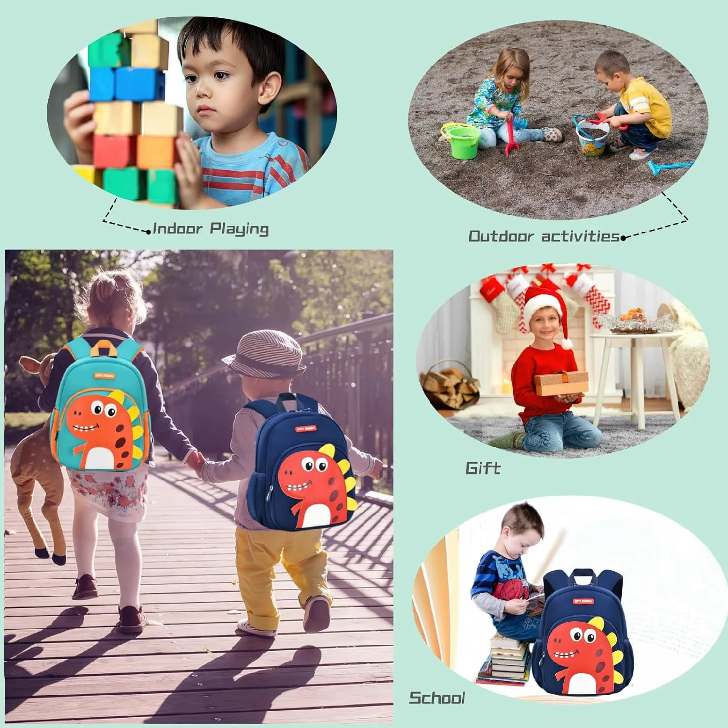 Dinosaur Anti-lost Kids Backpack for Kindergarten Preschool Boys with Safety Leash, Lightweight Boys Small Backpack Daycare Bag, A-Dark-blue Red