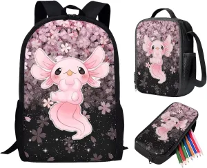 DISNIMO Cute Axolotl Backpack for Girls Boys Lightweight School Bag Bookbags Cherry Blossoms Teens School Backpack Set,Thermal Lunch Bag,Pencil Case 3 in 1
