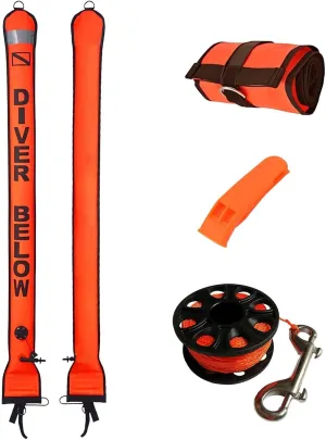 Diving Surface Marker Buoy Set SMB 5ft High Visibility Inflatable Scuba Signal Tube Safety Sausage with 100ft Diving Spool Reel and Clip