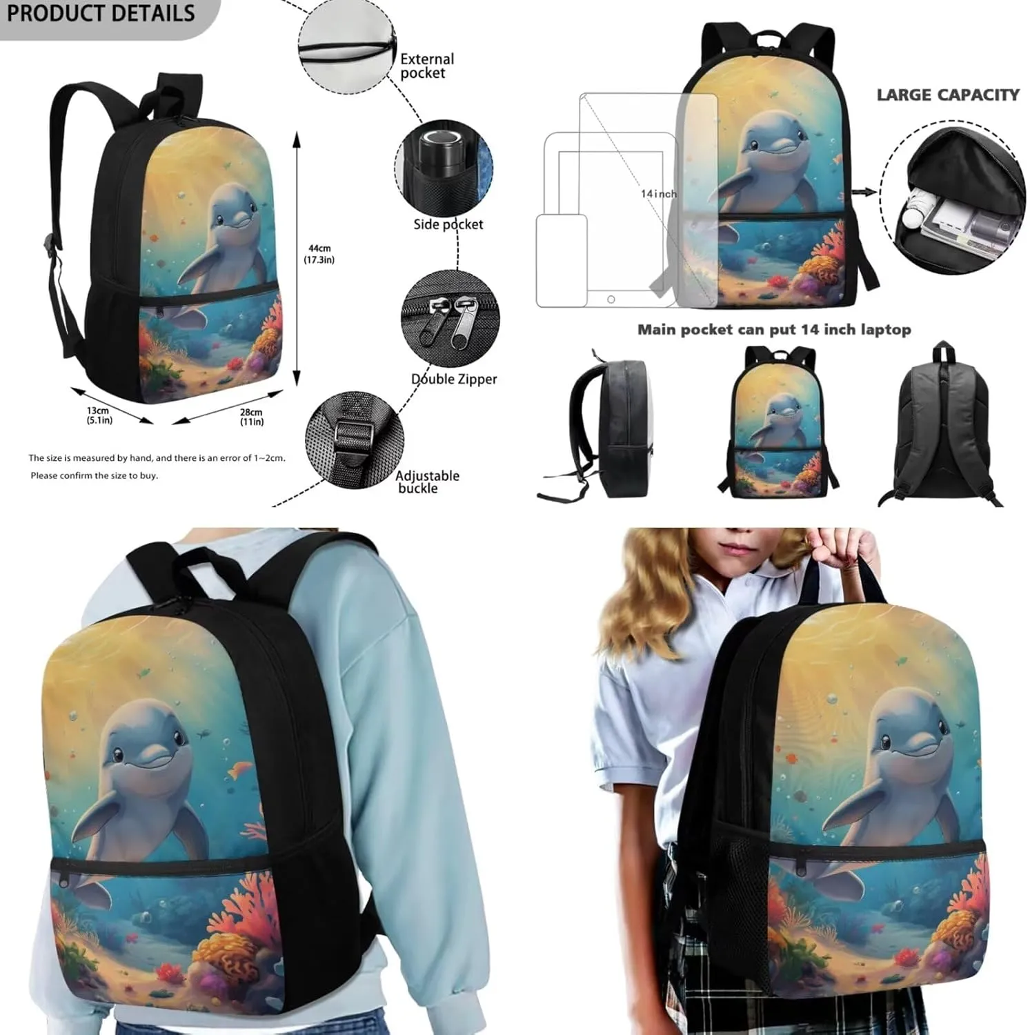 Dolphin Book Bag Lightweight 17 Inch Kids School Bag for Grade 3 Kindergarten Elementary Bookbag Set with Lunch Box Cute Backpack Set of 4 Travel Rucksack
