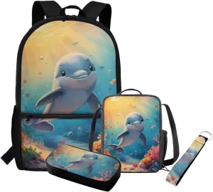 Dolphin Book Bag Lightweight 17 Inch Kids School Bag for Grade 3 Kindergarten Elementary Bookbag Set with Lunch Box Cute Backpack Set of 4 Travel Rucksack