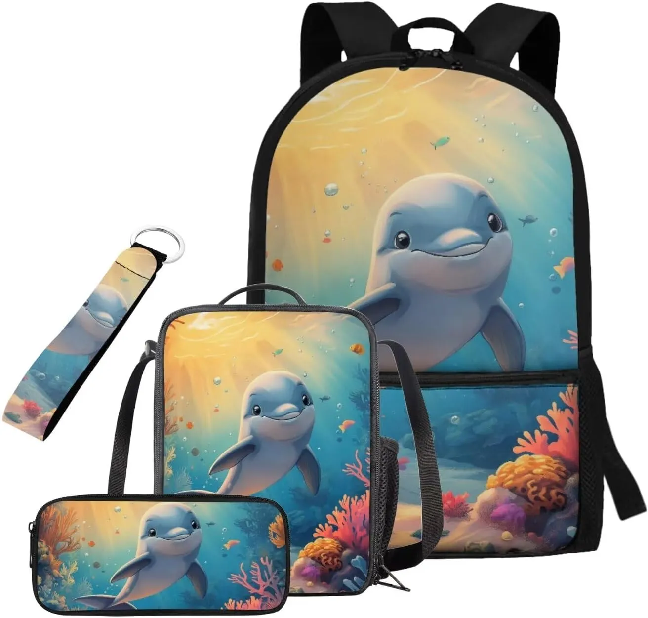 Dolphin Book Bag Lightweight 17 Inch Kids School Bag for Grade 3 Kindergarten Elementary Bookbag Set with Lunch Box Cute Backpack Set of 4 Travel Rucksack