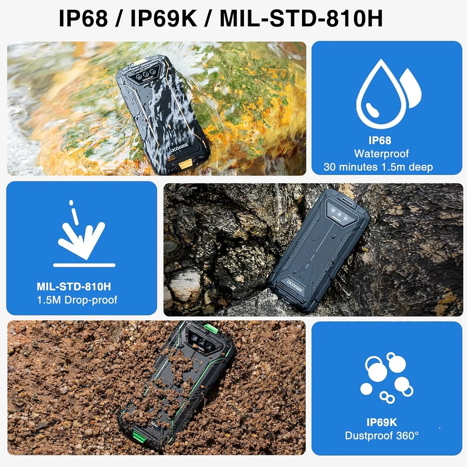 DOOGEE S41T Rugged Smartphone,Android 14 6300mAh Battery,8GB 64GB,4G Dual Sim Rugged Smartphone,13MP Camera,IP68 Waterproof Cell Phone,Face Unlock,NFC/T-Mobile