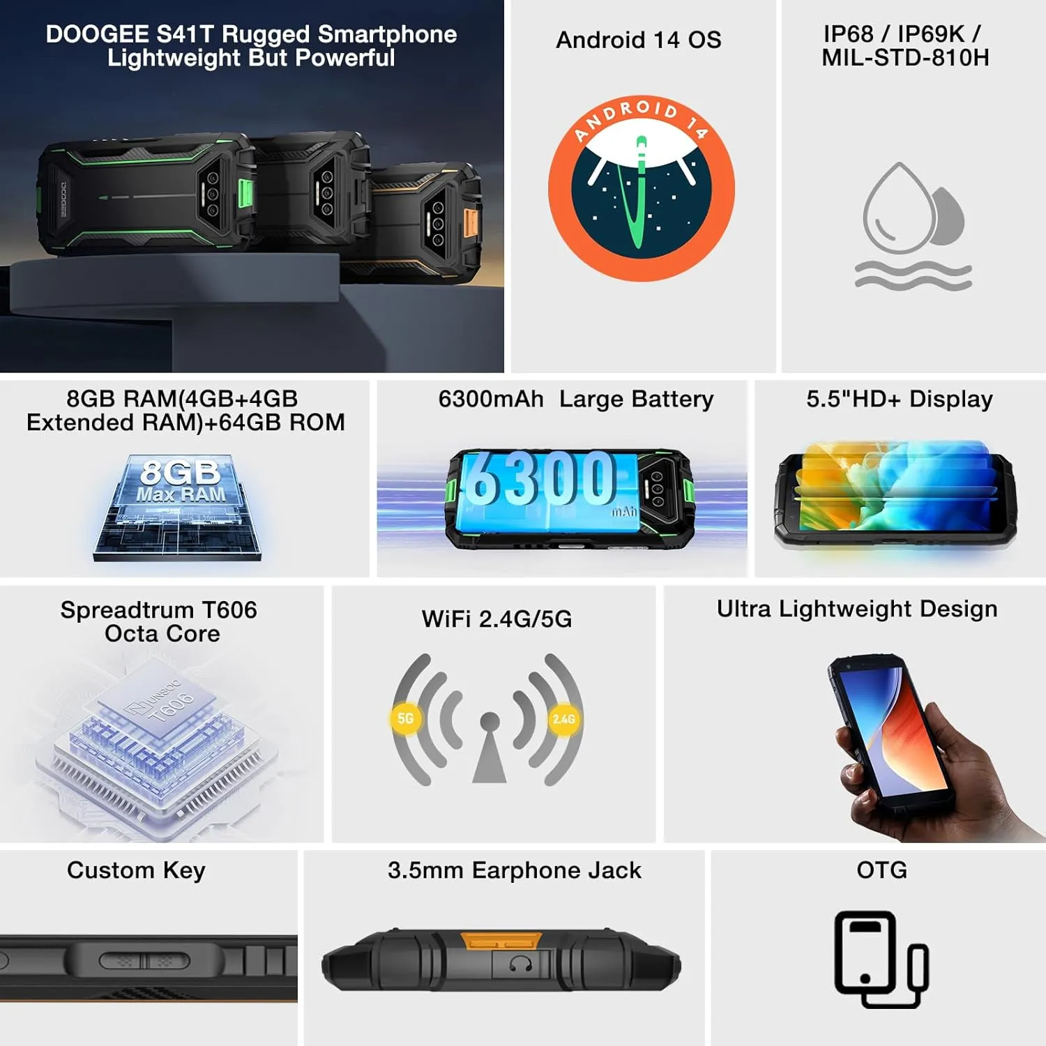 DOOGEE S41T Rugged Smartphone,Android 14 6300mAh Battery,8GB 64GB,4G Dual Sim Rugged Smartphone,13MP Camera,IP68 Waterproof Cell Phone,Face Unlock,NFC/T-Mobile