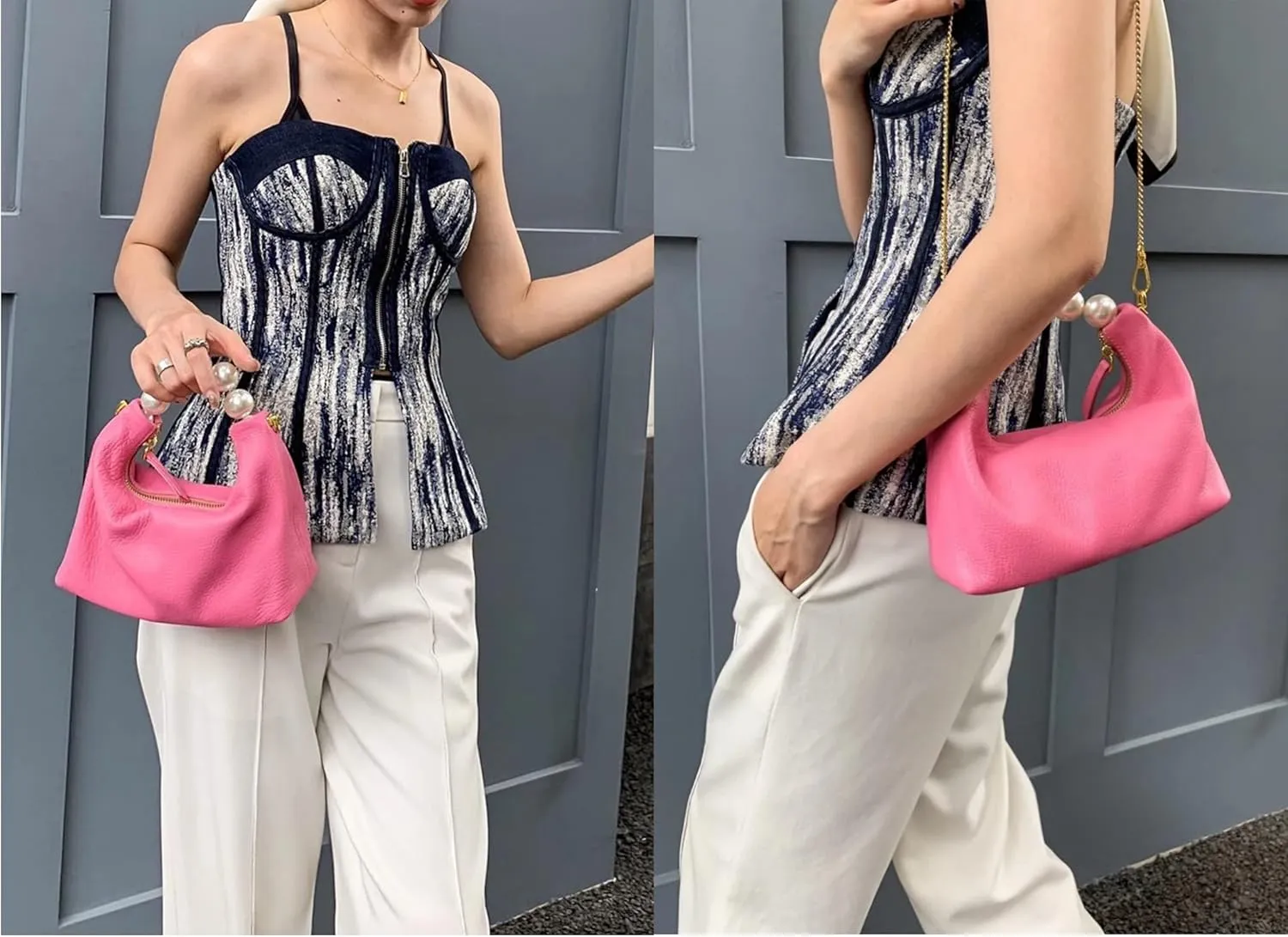 DORIS&JACKY Small Top Handle Clutch Bag Women Designer Goatskin Crossbody Purse With Pearl Handle And Detachable Metal Chain