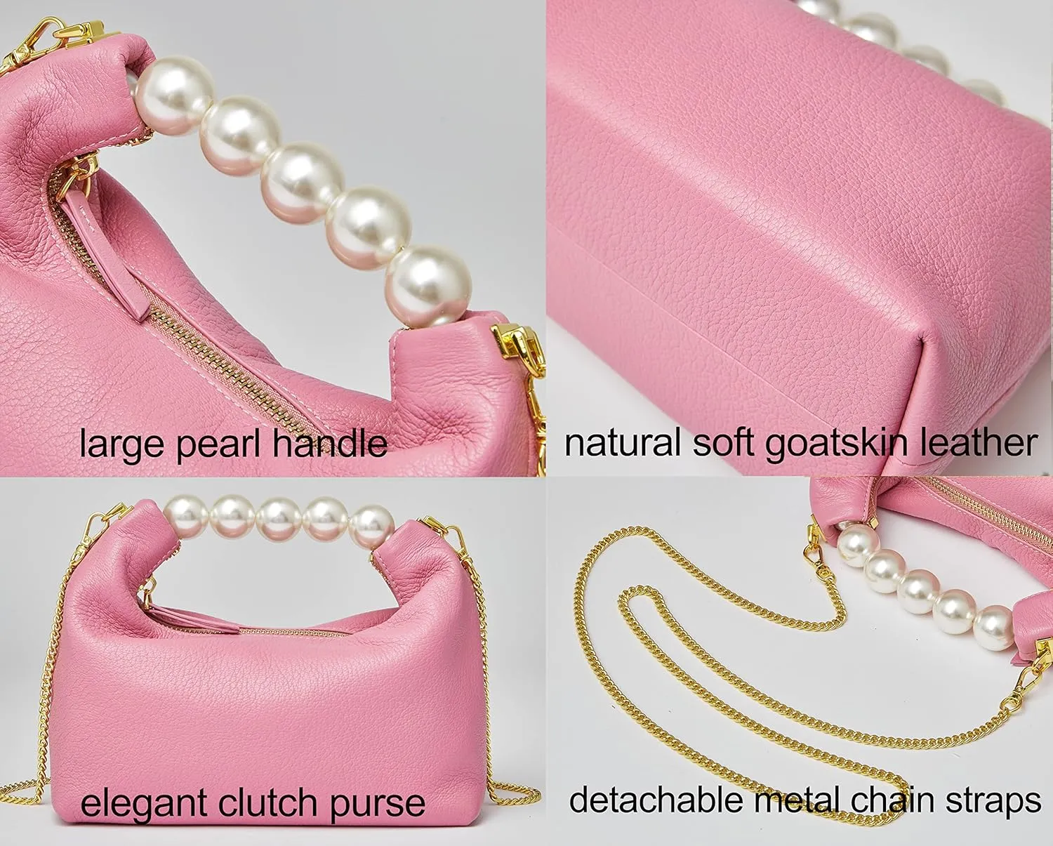 DORIS&JACKY Small Top Handle Clutch Bag Women Designer Goatskin Crossbody Purse With Pearl Handle And Detachable Metal Chain