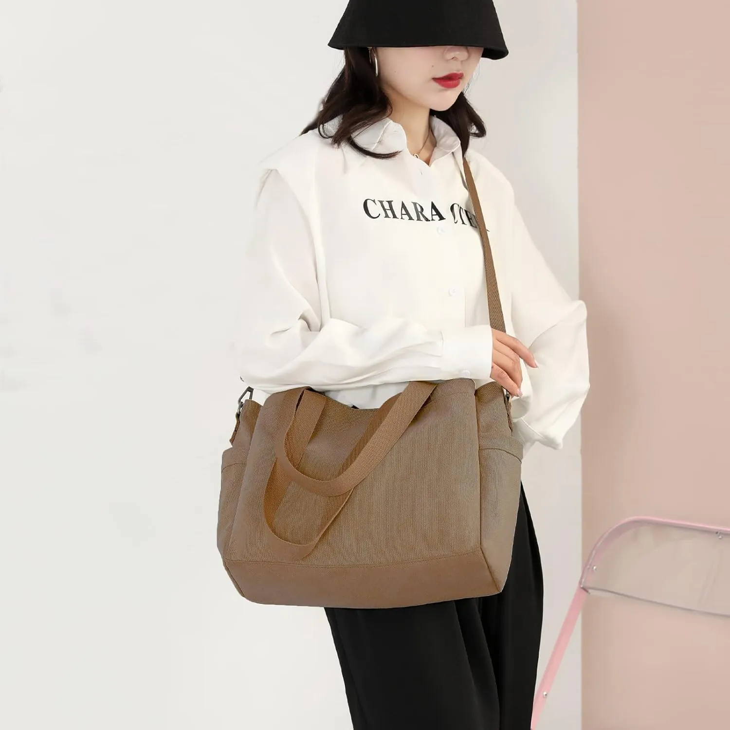 DOURR Hobo Handbags Canvas Crossbody Bags for Women, Multi Compartment Large Tote Purse for Work Travel