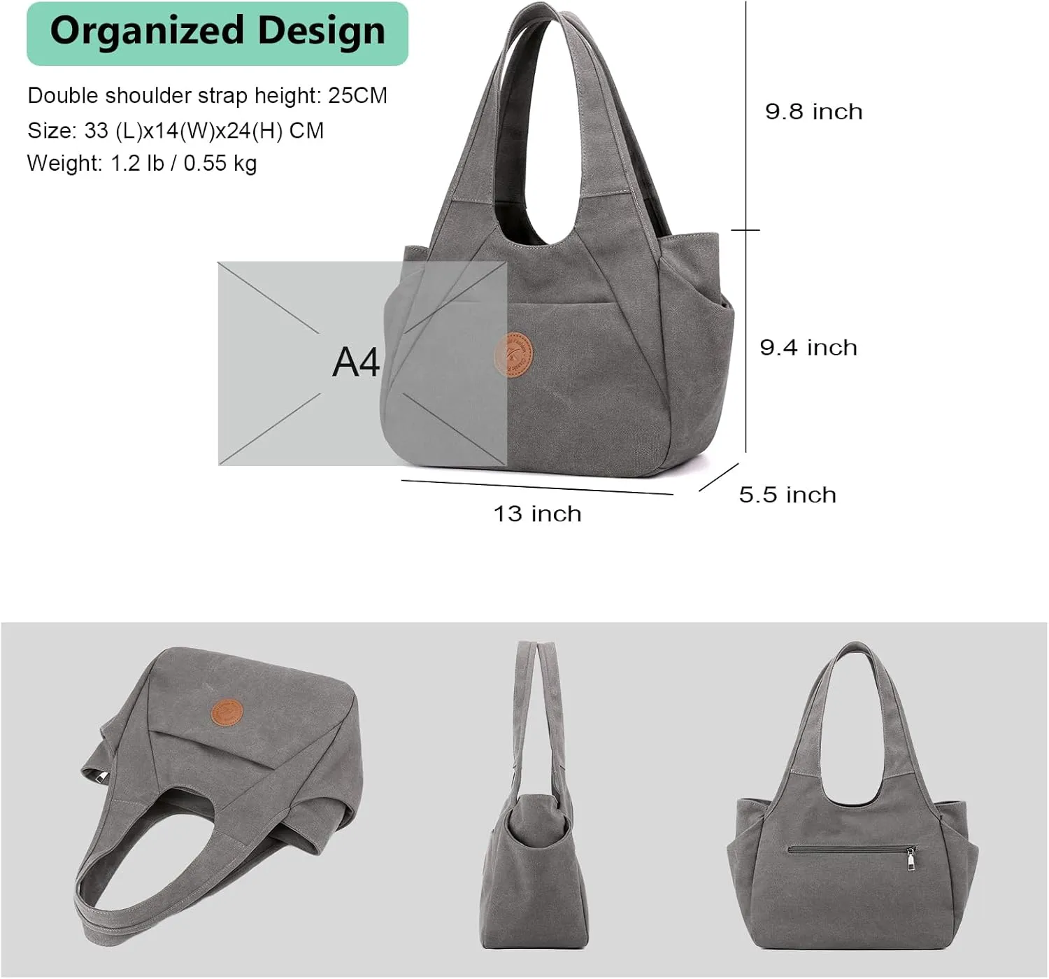 DOURR Light Women's Hobo Purses and Handbags with 3 Compartments Durable Cotton Canvas Shoulder Bag Daily Tote