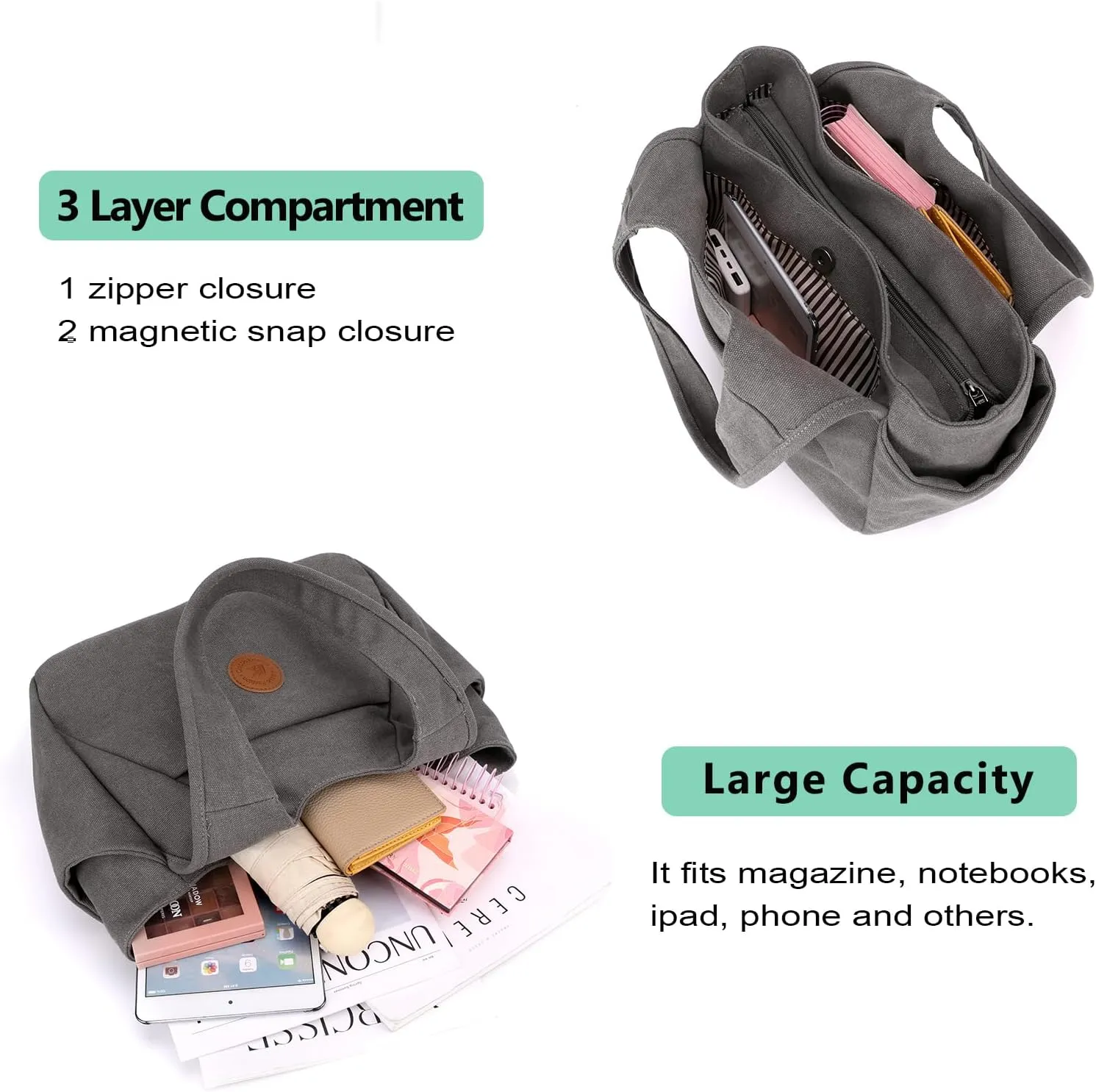 DOURR Light Women's Hobo Purses and Handbags with 3 Compartments Durable Cotton Canvas Shoulder Bag Daily Tote