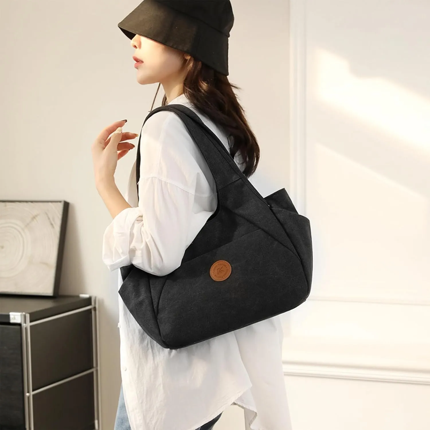 DOURR Light Women's Hobo Purses and Handbags with 3 Compartments Durable Cotton Canvas Shoulder Bag Daily Tote