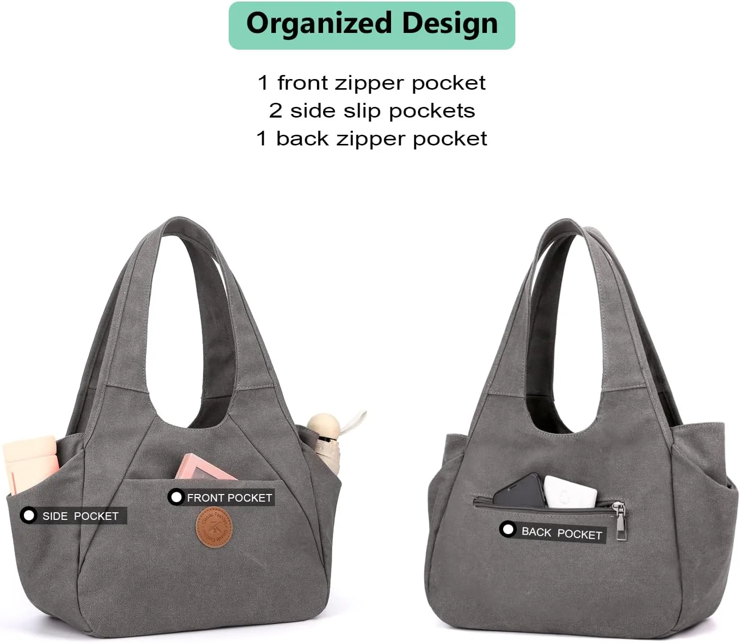 DOURR Light Women's Hobo Purses and Handbags with 3 Compartments Durable Cotton Canvas Shoulder Bag Daily Tote