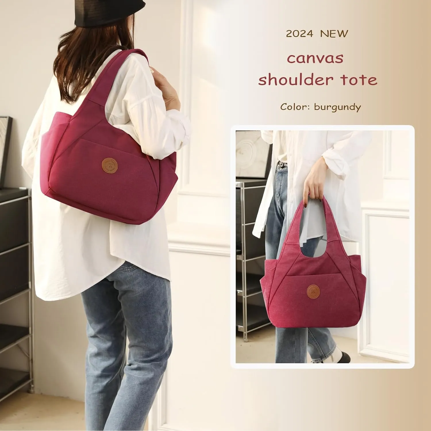 DOURR Light Women's Hobo Purses and Handbags with 3 Compartments Durable Cotton Canvas Shoulder Bag Daily Tote
