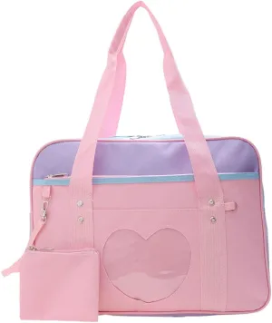 Durable Cute Storage Pouch Women Transparent Love Heart Patchwork Canvas Shoulder Bag Casual Handbags Travel Outdo