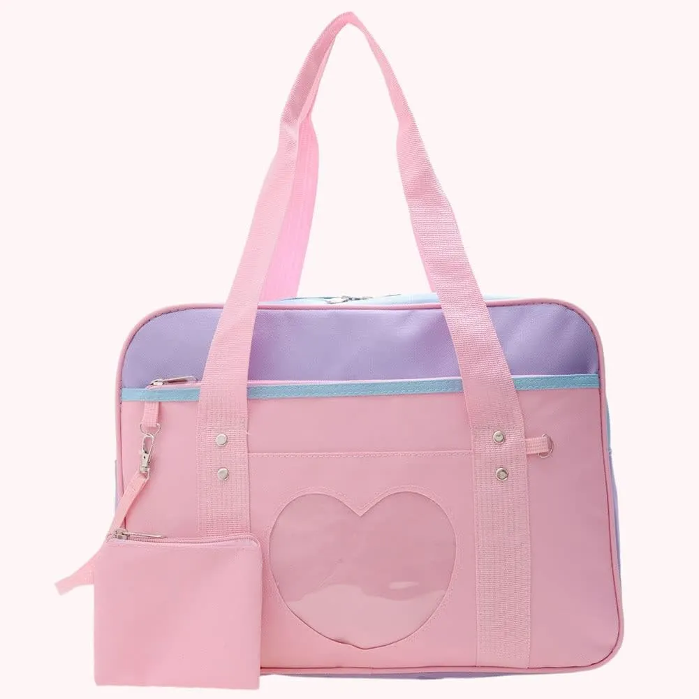 Durable Cute Storage Pouch Women Transparent Love Heart Patchwork Canvas Shoulder Bag Casual Handbags Travel Outdo