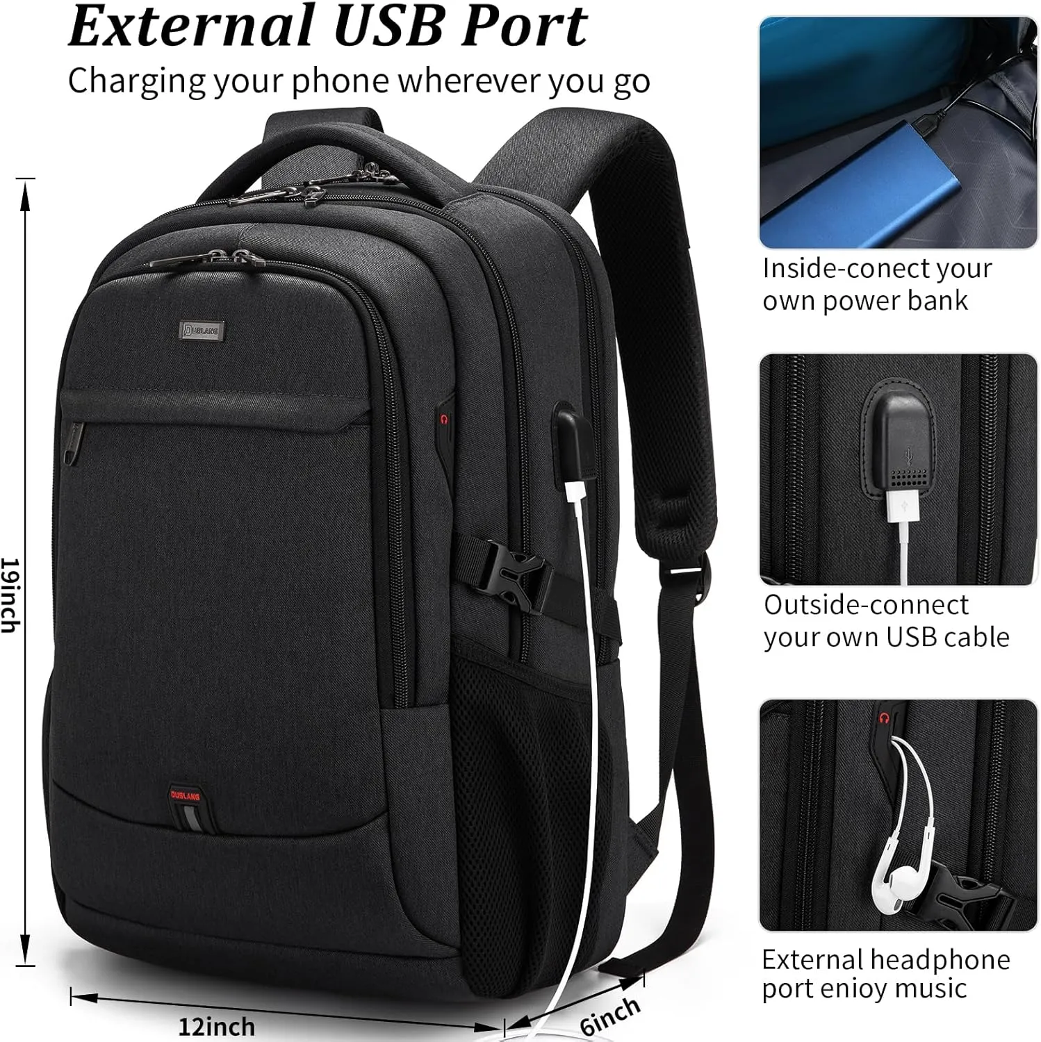 DUSLANG 17 Inch Laptop Backpack for Travel Water Resistant College Backpack for Men/Women Laptop Bag with USB Charging Port and Shoe Storage Bag, Black