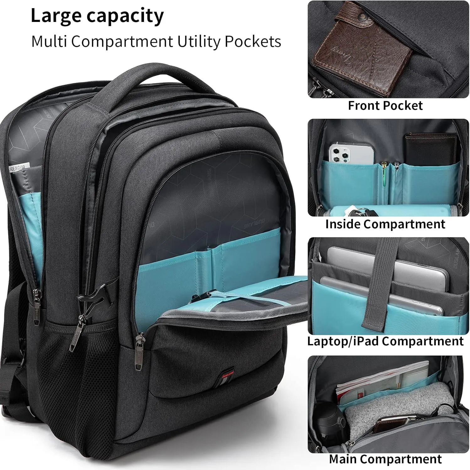 DUSLANG 17 Inch Laptop Backpack for Travel Water Resistant College Backpack for Men/Women Laptop Bag with USB Charging Port and Tablet Sleeve Bag Compatible Protective Case, Black