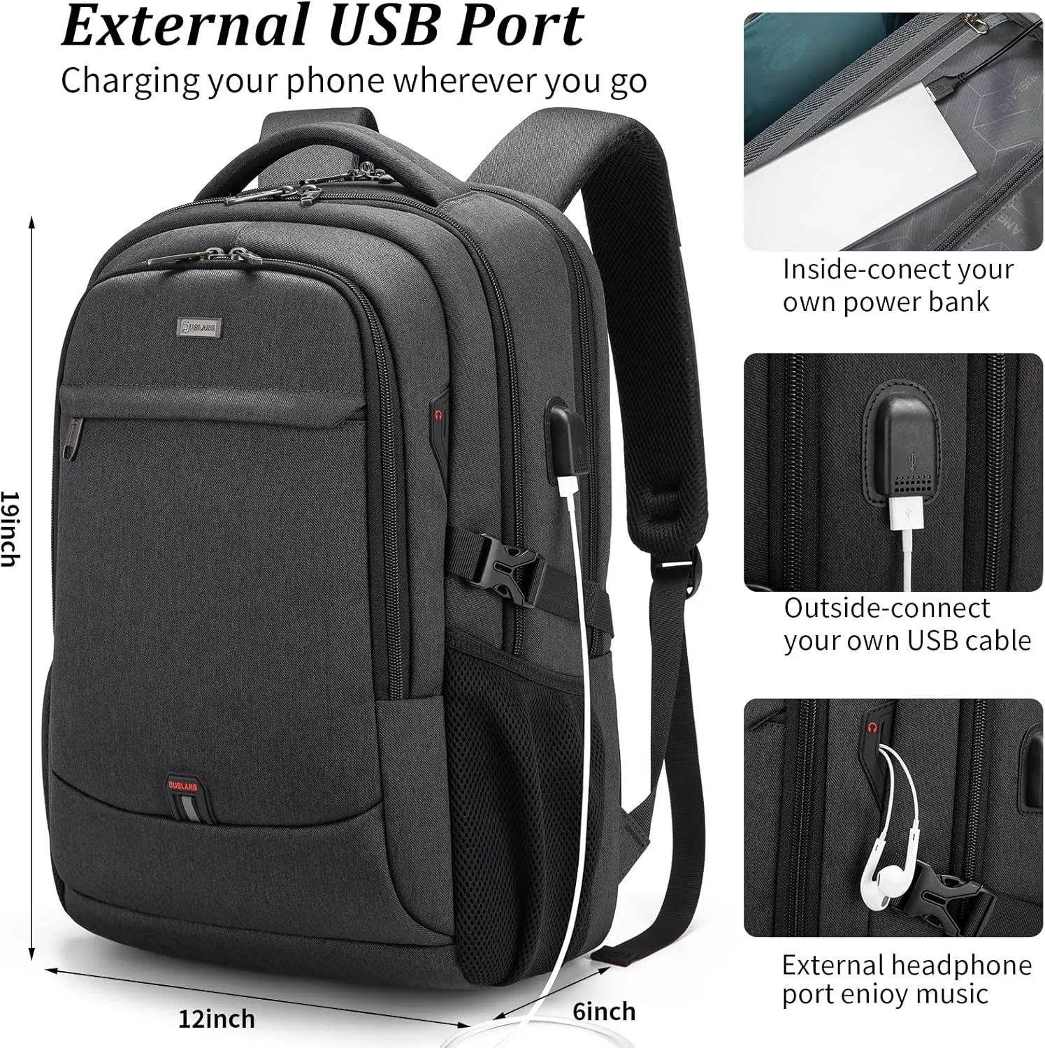 DUSLANG 17 Inch Laptop Backpack for Travel Water Resistant College Backpack for Men/Women Laptop Bag with USB Charging Port and Tablet Sleeve Bag Compatible Protective Case, Black