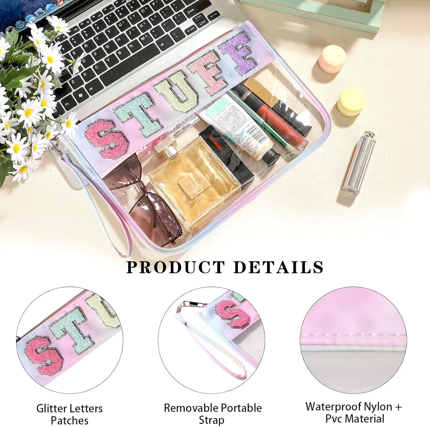 DYSHAYEN Chenille Letter Clear Zipper Pouch for Travel,Nylon Clear Cosmetic Bag,Makeup Travel Bag for Women Girls