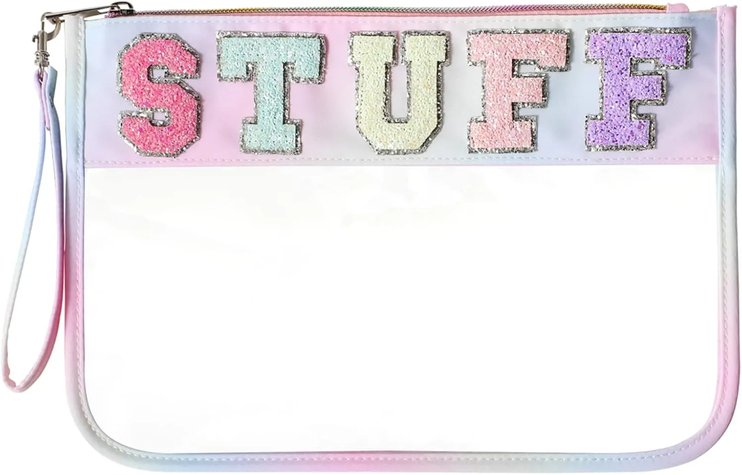 DYSHAYEN Chenille Letter Clear Zipper Pouch for Travel,Nylon Clear Cosmetic Bag,Makeup Travel Bag for Women Girls