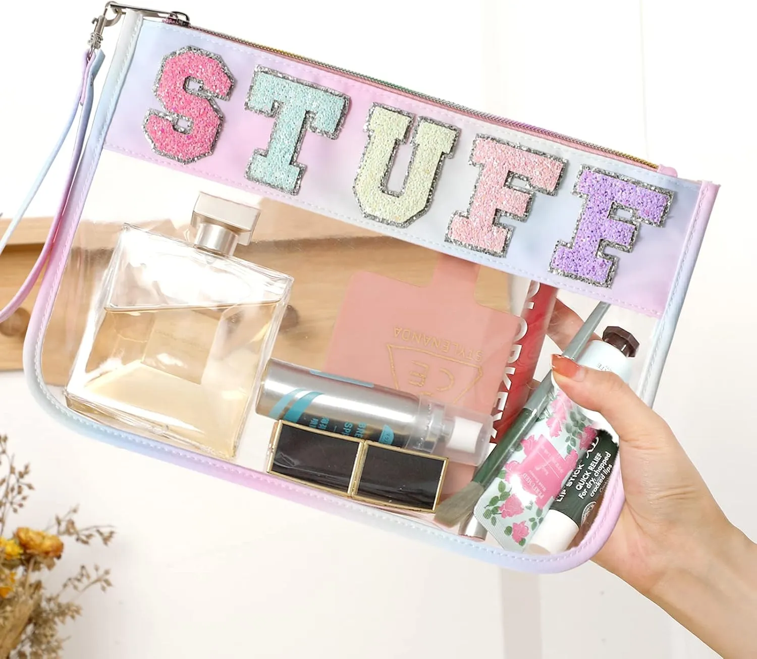 DYSHAYEN Chenille Letter Clear Zipper Pouch for Travel,Nylon Clear Cosmetic Bag,Makeup Travel Bag for Women Girls