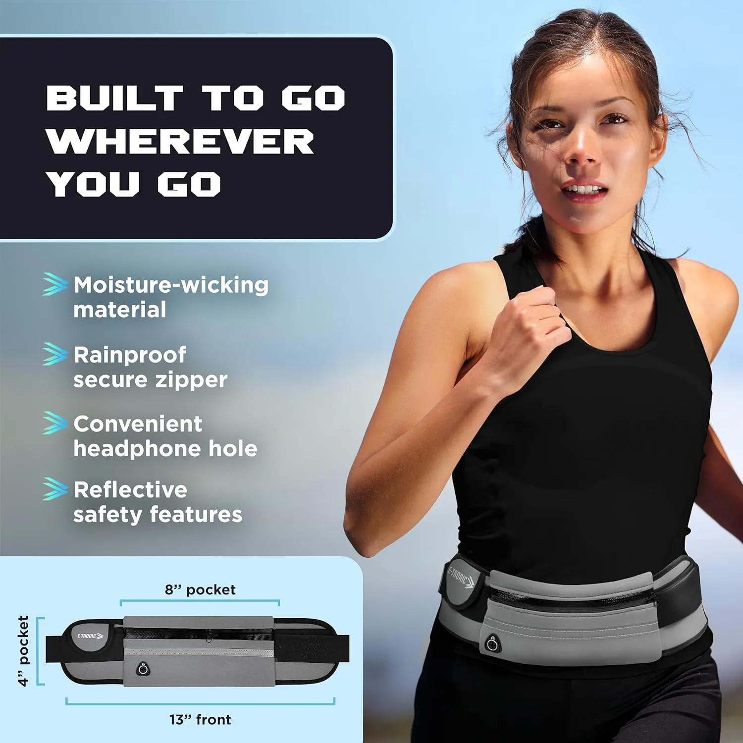 E Tronic Edge Running Belt for Women and Men, Money Belt and Running Fanny Pack, Hiking Fanny Pack, Holder for Cell Phone, Money, and Keys, Adjustable Belt Pouch fits Most Phone and Waist Sizes