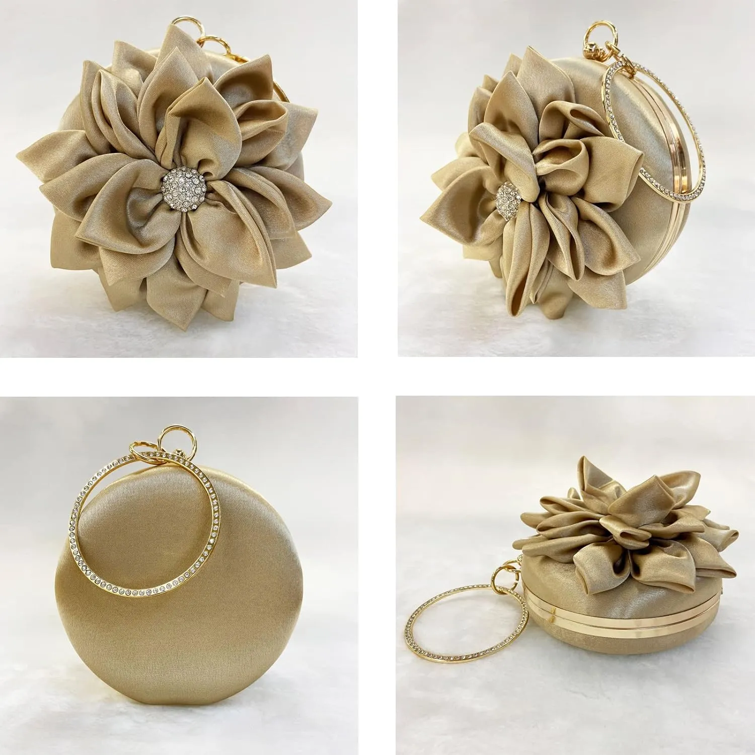 EFTCAL Women Silk Round 3D Rose Flower Handbag,Rhinestone Metal Handle Evening Bag Wedding Party Prom Purse Shoulder Bag